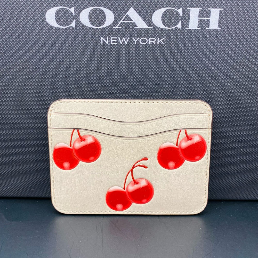 Coach Coachtopia Wavy Card Case in Regenerative Leather with Cherry Print